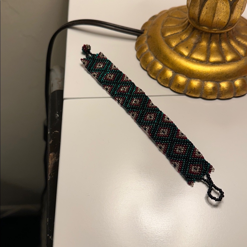 Handcrafted Beaded Bracelet - Green, Red & Clear Beads